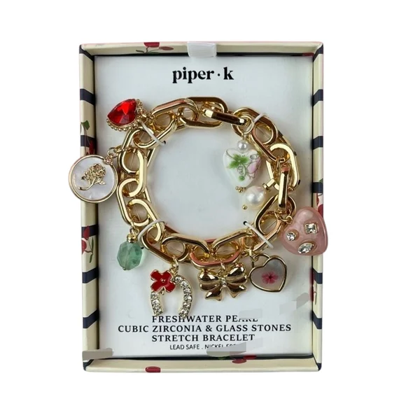 Piper K Freshwater Pearl Cubic Zirconia & Glass Stones Gold Stretch Bracelet - Picture 3 of 5